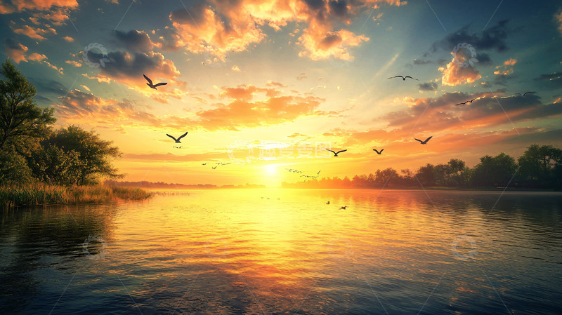 高清大图下载【趣麦麦图】日落黄昏湖泊景色