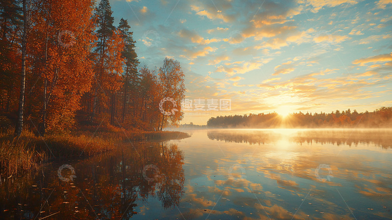 高清大图下载【趣麦麦图】秋日清晨湖边树林