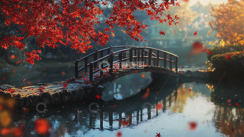 高清大图下载【趣麦麦图】秋日红叶小桥流水