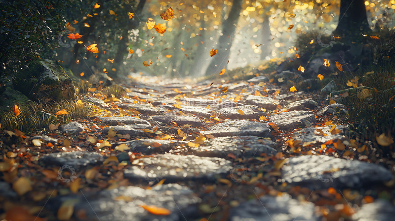 高清大图下载【趣麦麦图】秋叶飘落石板路