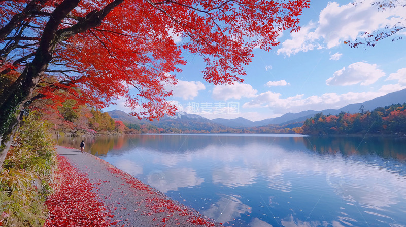 高清大图下载【趣麦麦图】秋叶红枫湖边景色