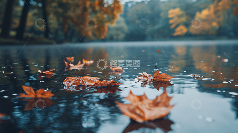 高清大图下载【趣麦麦图】秋叶飘落水面
