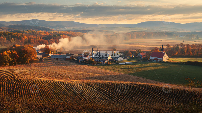 高清大图下载【趣麦麦图】秋日乡间小镇晨雾