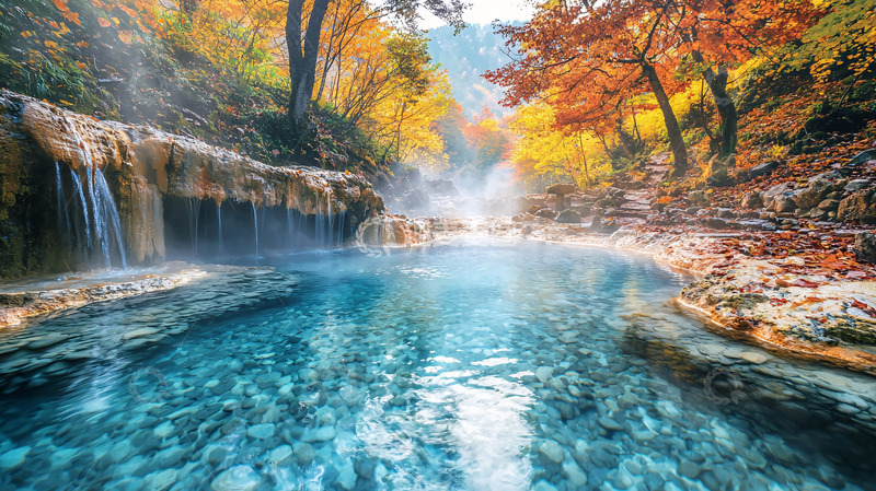 高清大图下载【趣麦麦图】秋日森林温泉溪流