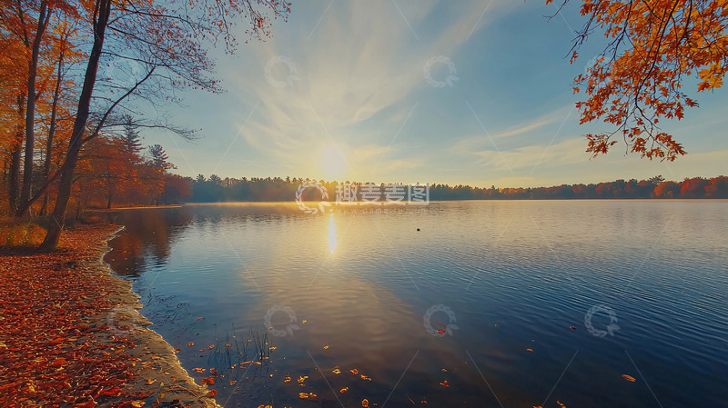高清大图下载【趣麦麦图】秋日湖边日出景色