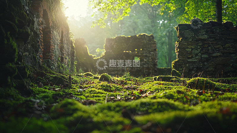 高清大图下载【趣麦麦图】阳光透过树林照射在废墟上