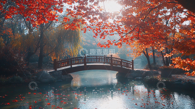 高清大图下载【趣麦麦图】秋日红叶桥
