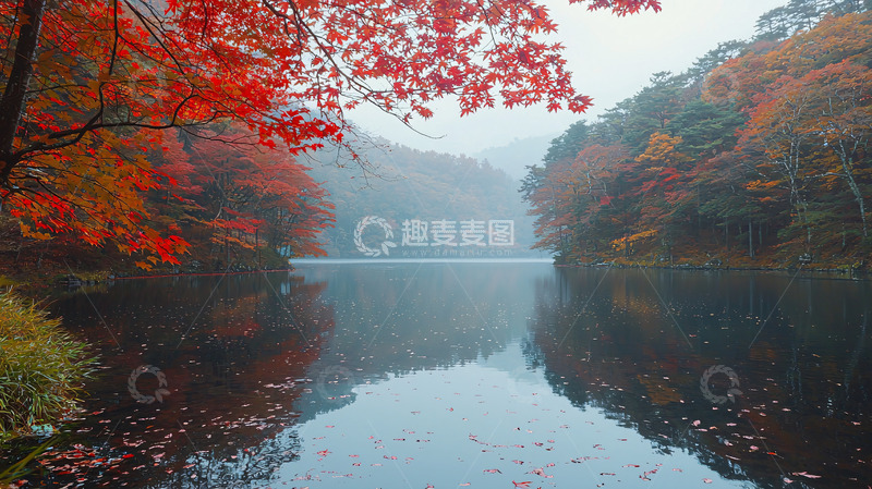高清大图下载【趣麦麦图】秋日红叶倒映湖面