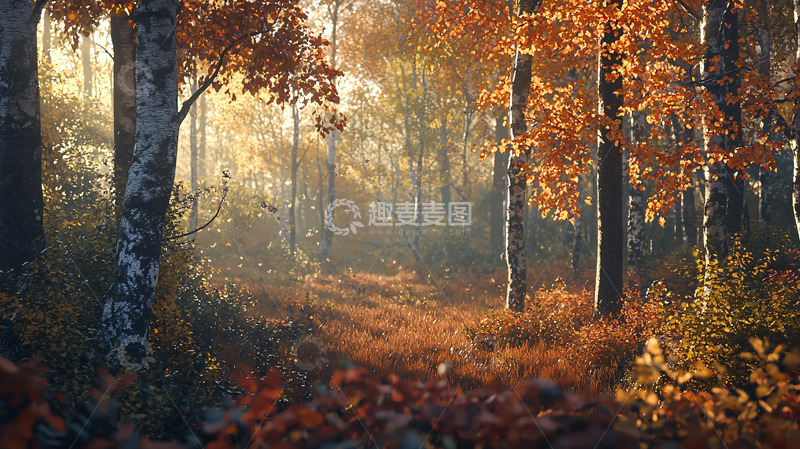高清大图下载【趣麦麦图】秋日森林阳光雾气