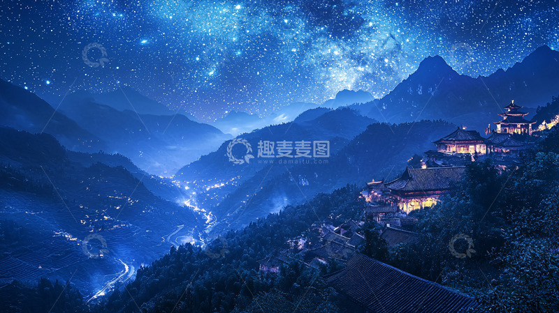高清大图下载【趣麦麦图】星空下的山脉村庄