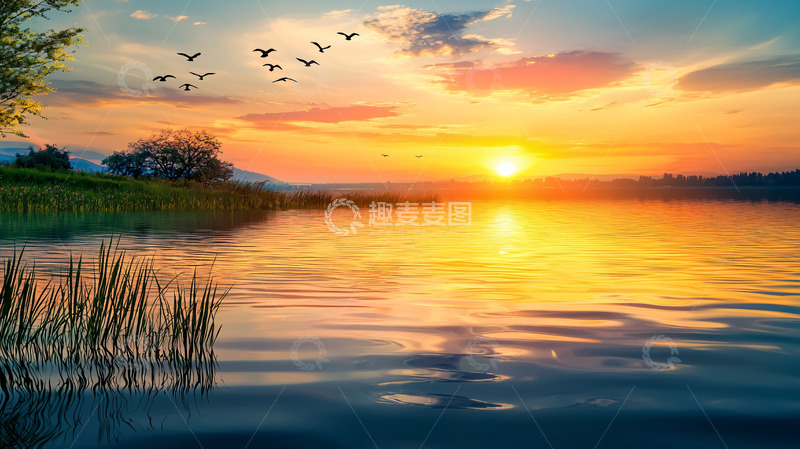 高清大图下载【趣麦麦图】夕阳西下湖边景色