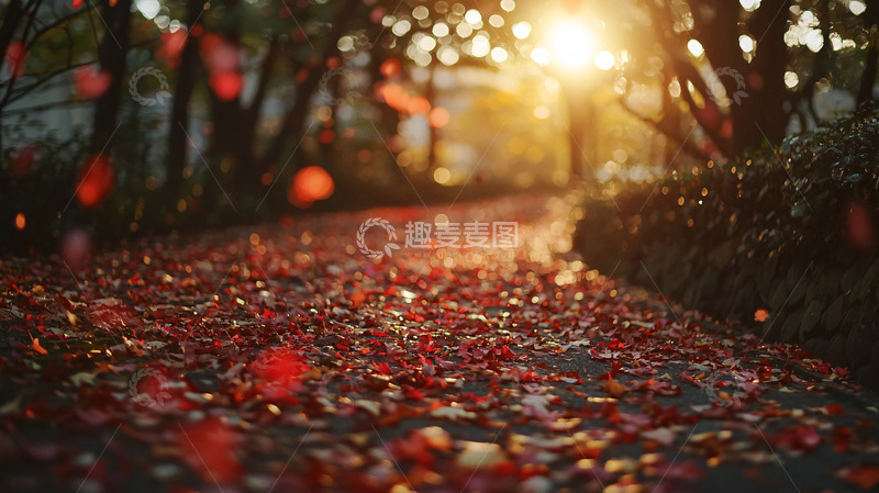高清大图下载【趣麦麦图】落叶小路夕阳景色