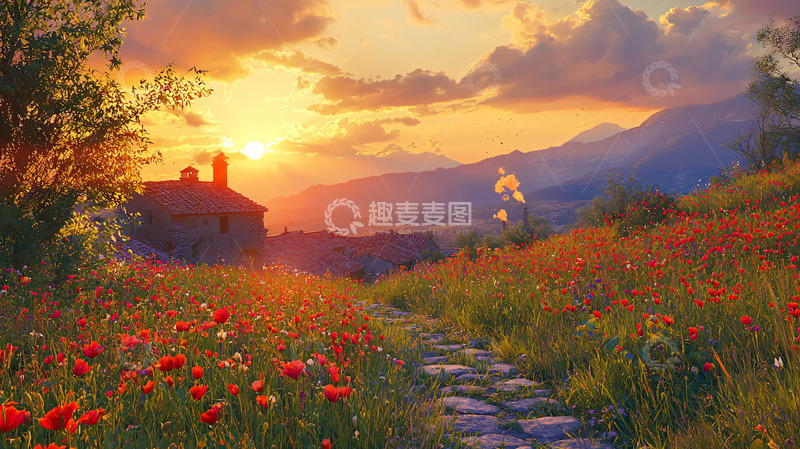 高清大图下载【趣麦麦图】落日余晖下的乡间小路