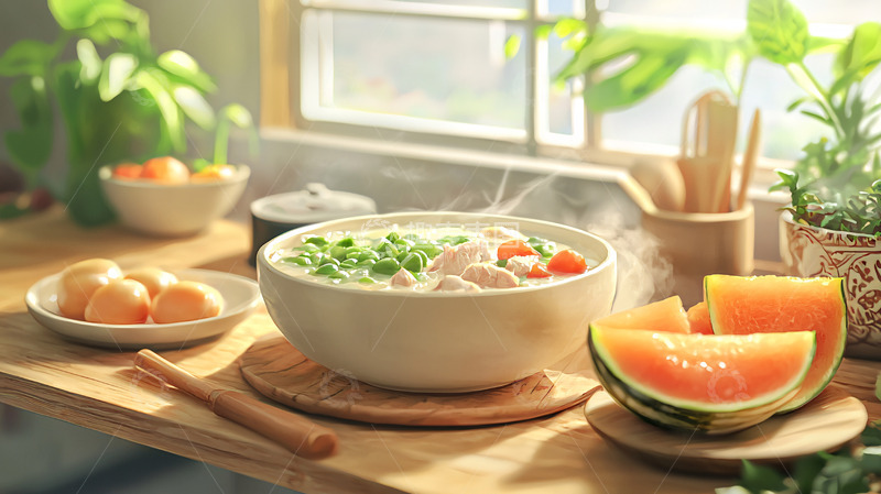 高清大图下载【趣麦麦图】阳光下热气腾腾的鸡肉蔬菜汤