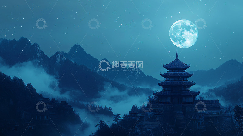 高清大图下载【趣麦麦图】月夜山峰古寺