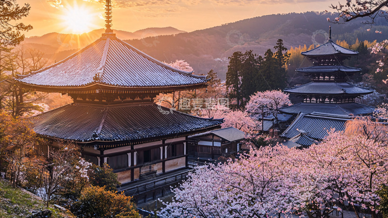 高清大图下载【趣麦麦图】日出时分的樱花寺庙