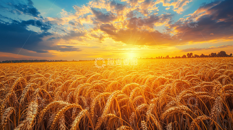 高清大图下载【趣麦麦图】金黄麦田日落景色