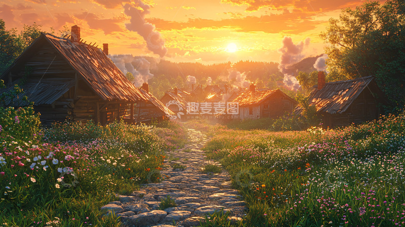 高清大图下载【趣麦麦图】日落山村小路