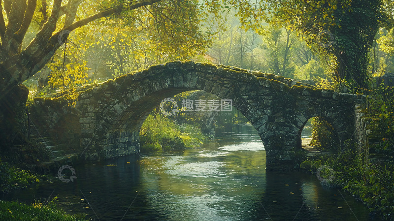 高清大图下载【趣麦麦图】古桥流水森林意境