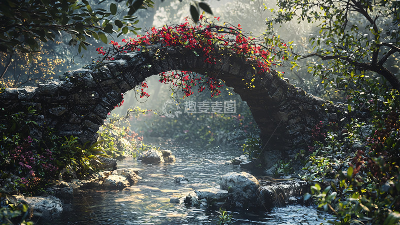 高清大图下载【趣麦麦图】石桥流水红叶森林
