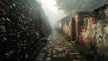 雾气缭绕的古老石板路