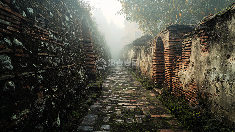 高清大图下载【趣麦麦图】雾气缭绕的古老石板路