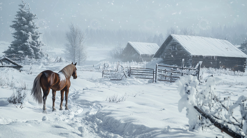 高清大图下载【趣麦麦图】雪地里的马