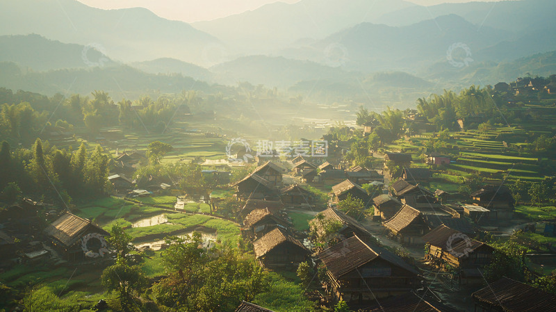 高清大图下载【趣麦麦图】清晨山村田园风光