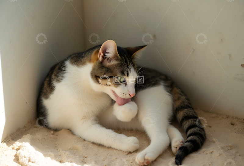 高清大图下载【趣麦麦图】墙角舔毛的狸花猫