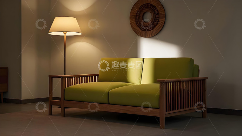 高清大图下载【趣麦麦图】绿色木质框架双人沙发