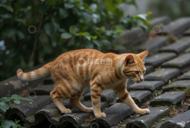 高清大图下载【趣麦麦图】狸花猫屋檐行走 