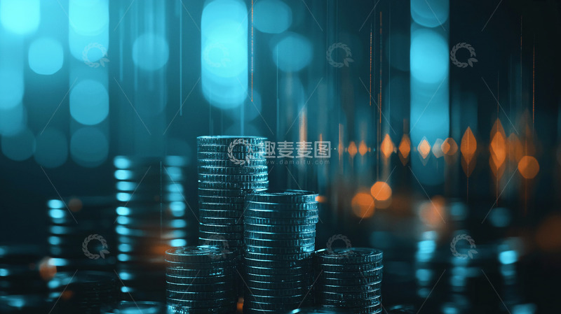 高清大图下载【趣麦麦图】蓝色背景下堆叠的硬币
