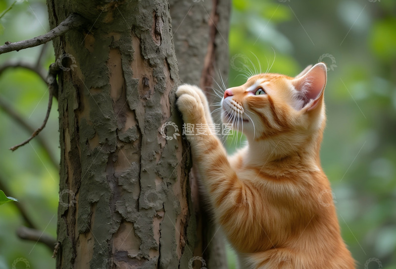 高清大图下载【趣麦麦图】狸花猫攀爬树干 