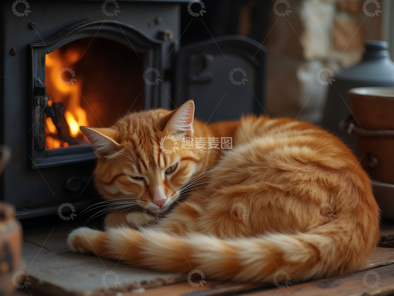 高清大图下载【趣麦麦图】狸花猫烤火取暖