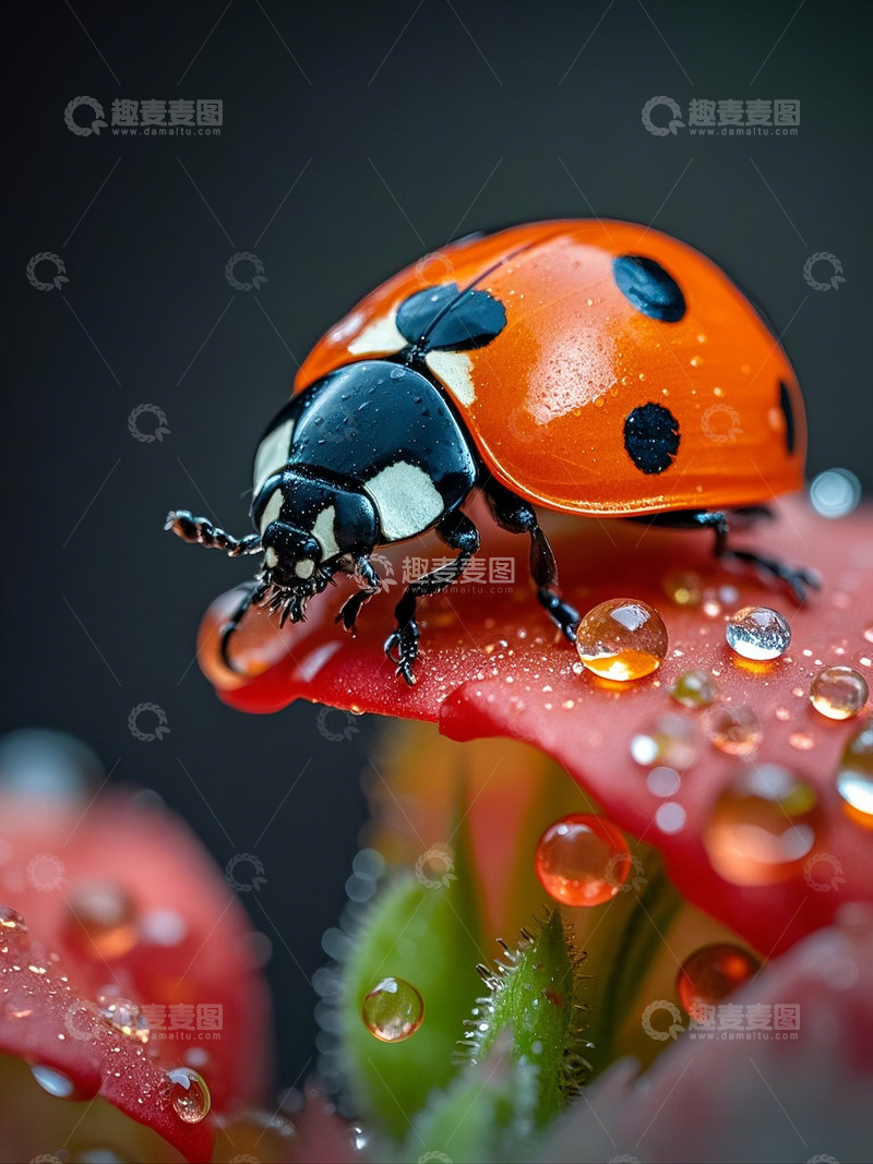 高清大图下载【趣麦麦图】微距特写七星瓢虫喝露水1