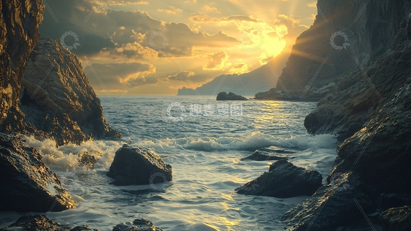 高清大图下载【趣麦麦图】落日余晖下的海峡岩石