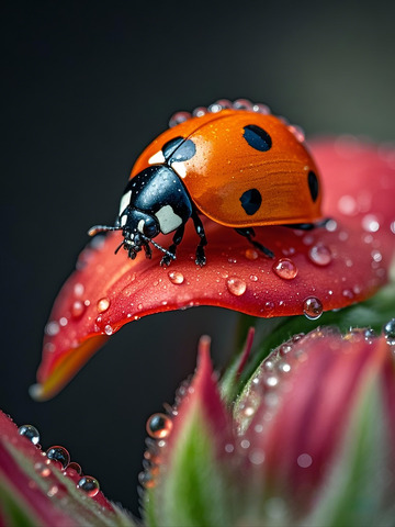 微距特写七星瓢虫喝露水