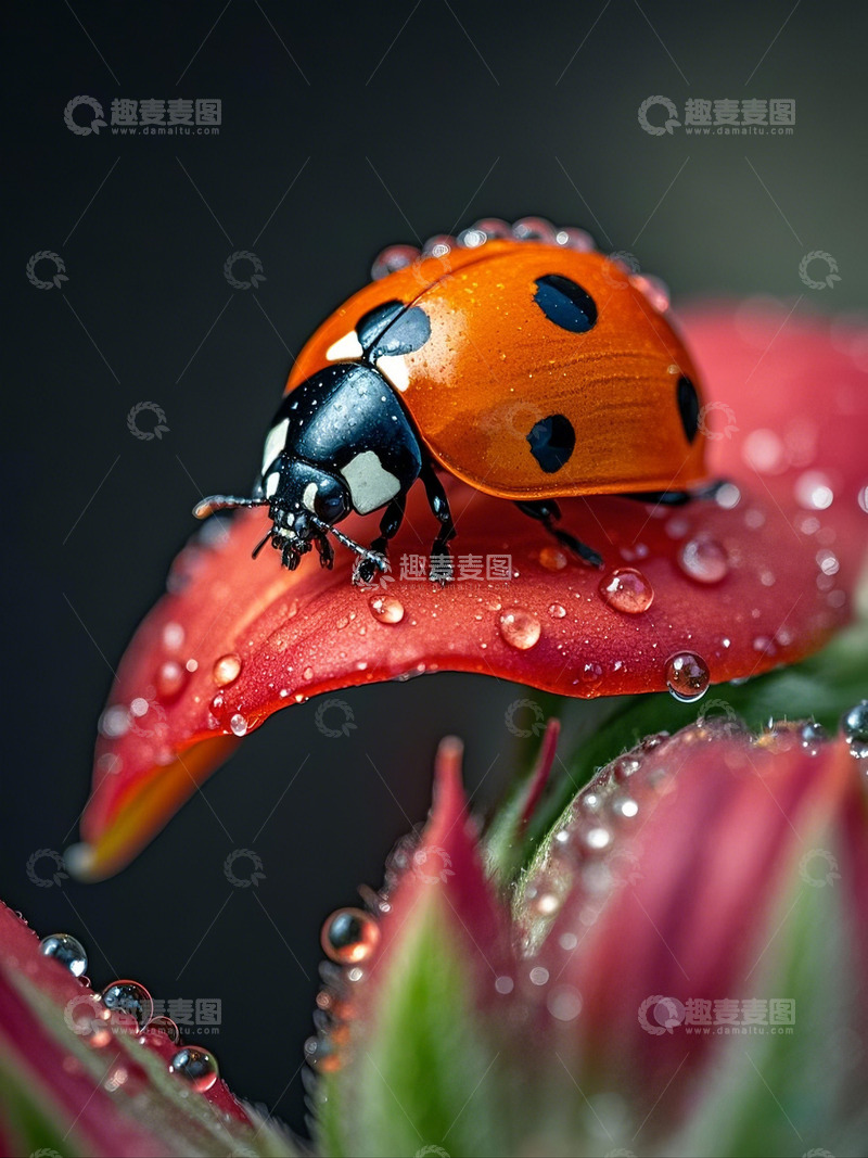 高清大图下载【趣麦麦图】微距特写七星瓢虫喝露水