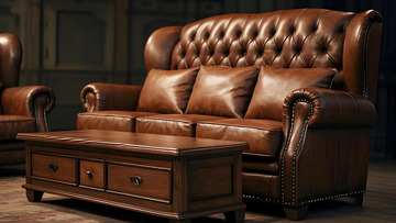 棕色古典皮质带抽屉沙发