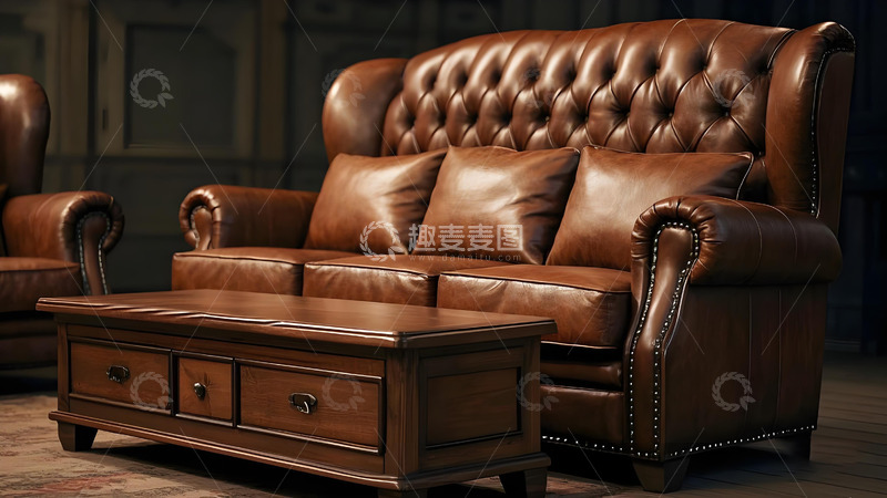 高清大图下载【趣麦麦图】棕色古典皮质带抽屉沙发