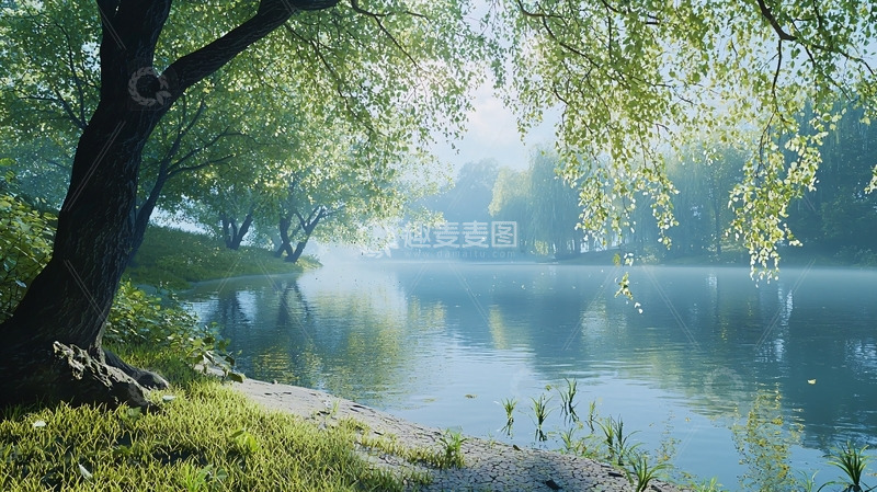 高清大图下载【趣麦麦图】清晨雾气湖边树林