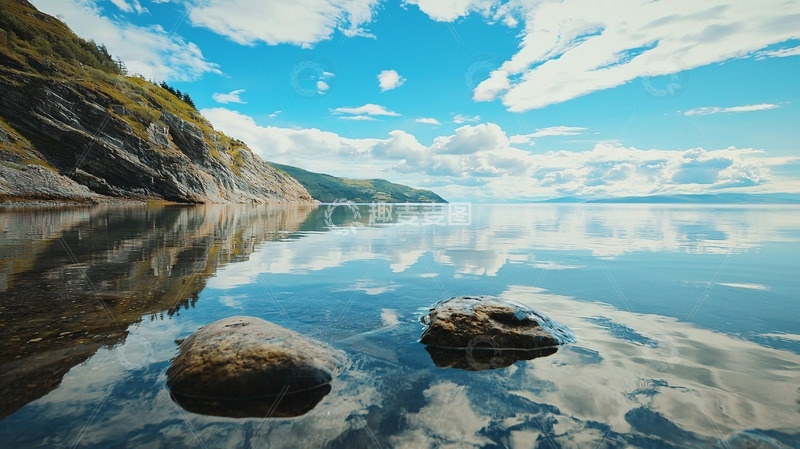 高清大图下载【趣麦麦图】平静湖面岩石倒影
