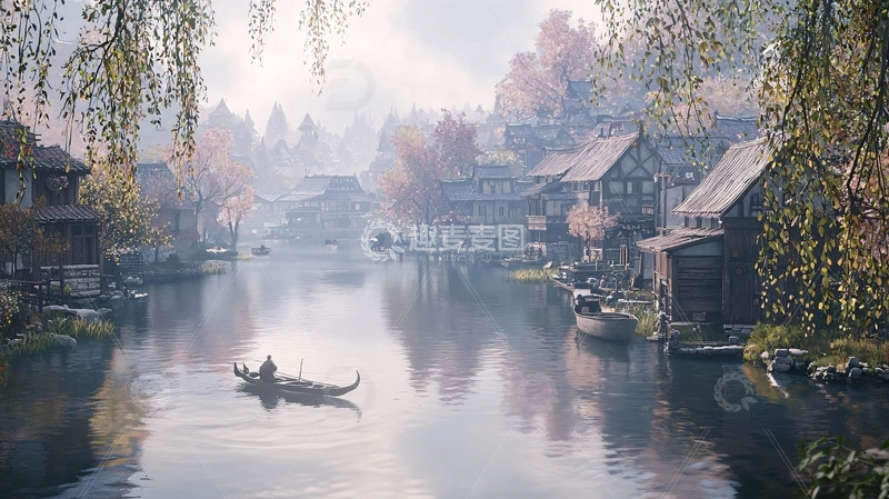 高清大图下载【趣麦麦图】清晨薄雾中的运河小镇