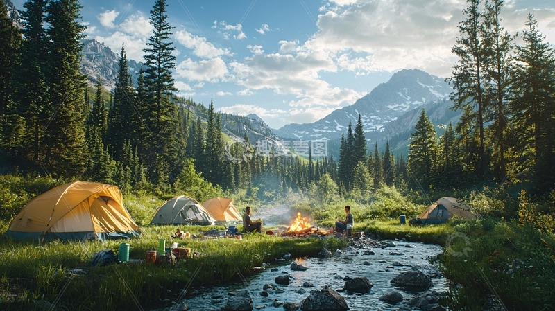 高清大图下载【趣麦麦图】山谷露营篝火晚会