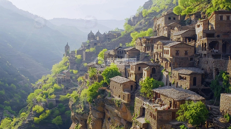 高清大图下载【趣麦麦图】山崖上的古老村庄