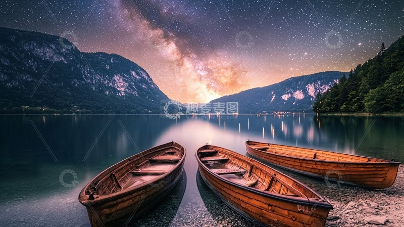 高清大图下载【趣麦麦图】星空湖泊木船