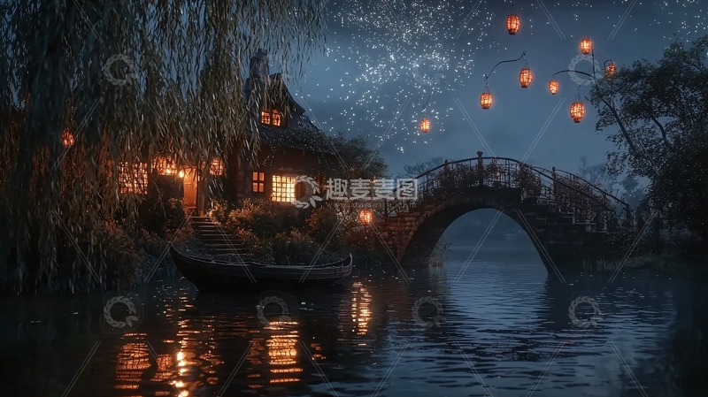 高清大图下载【趣麦麦图】夜晚河边小屋