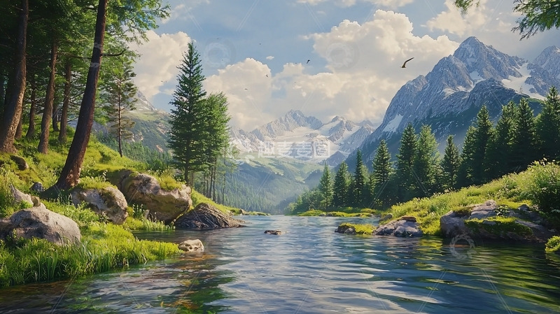 高清大图下载【趣麦麦图】阳光下的山脉河流