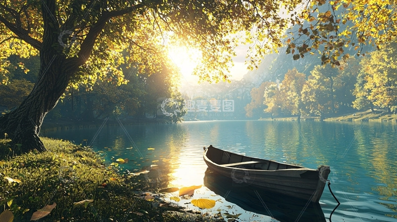 高清大图下载【趣麦麦图】清晨河边小船