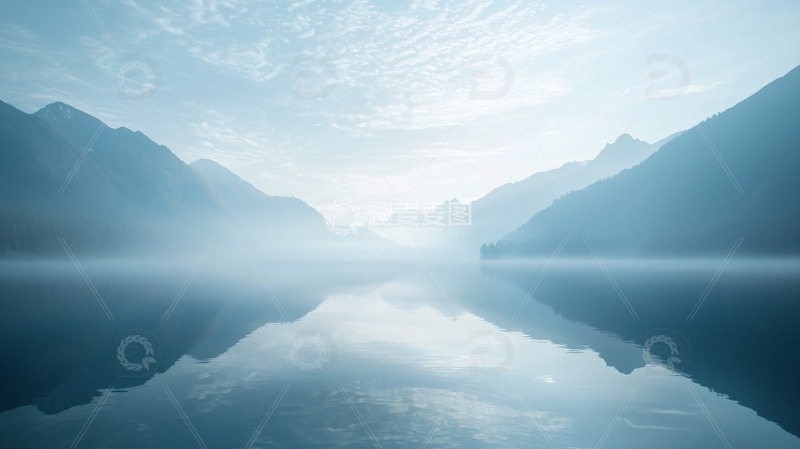 高清大图下载【趣麦麦图】清晨薄雾山峦湖泊倒影